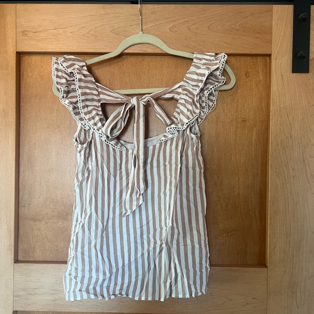 Bluivy Brown and White Striped Ruffle Blouse
